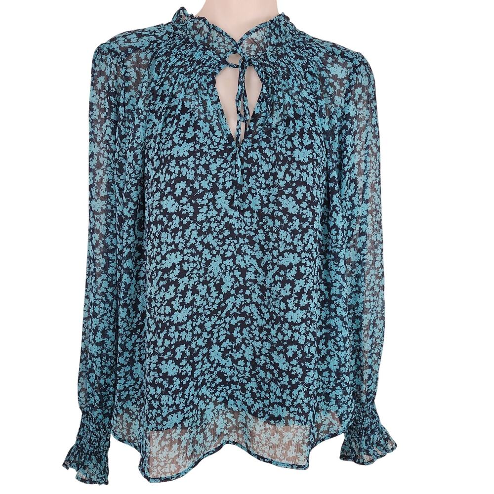Loft Womens Pullover Floral Blouse Small Teal Navy Ruffled Tie Neck Smocking
